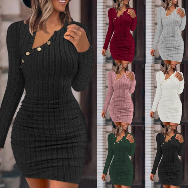 Bodycon Mini Dress with Oblique Collar and Buttons