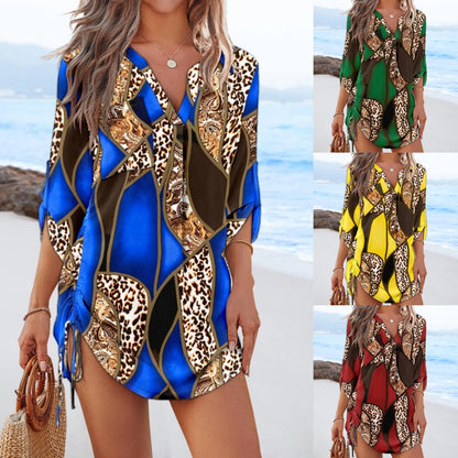 Mixed Print Tunic Dress with V-Neck and Drawstring Sides