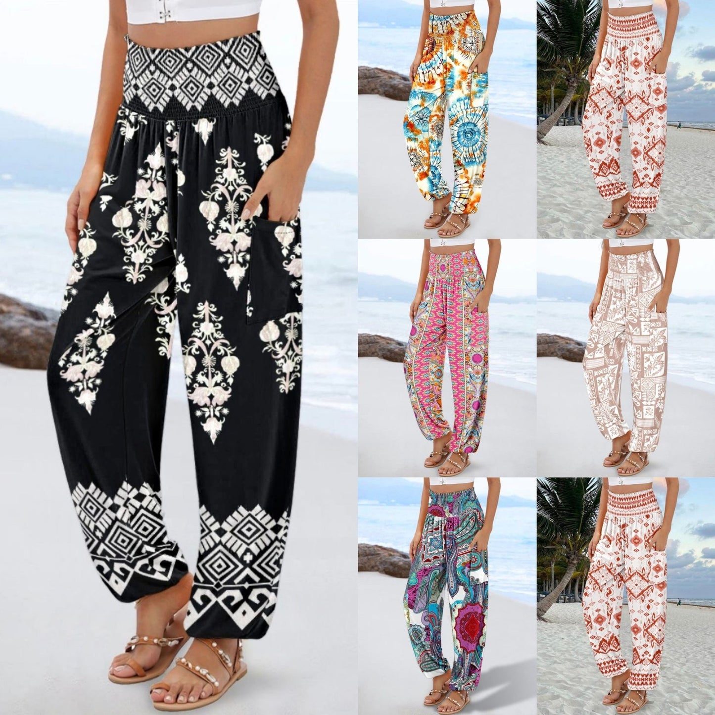 Bohemian Print Harem Pants with Smocked High Waist