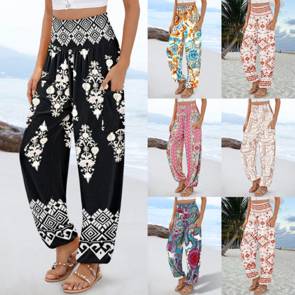 Bohemian Print Harem Pants with Smocked High Waist
