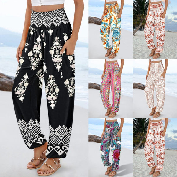 Bohemian Print Harem Pants with Smocked High Waist