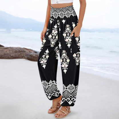 Bohemian Print Harem Pants with Smocked High Waist