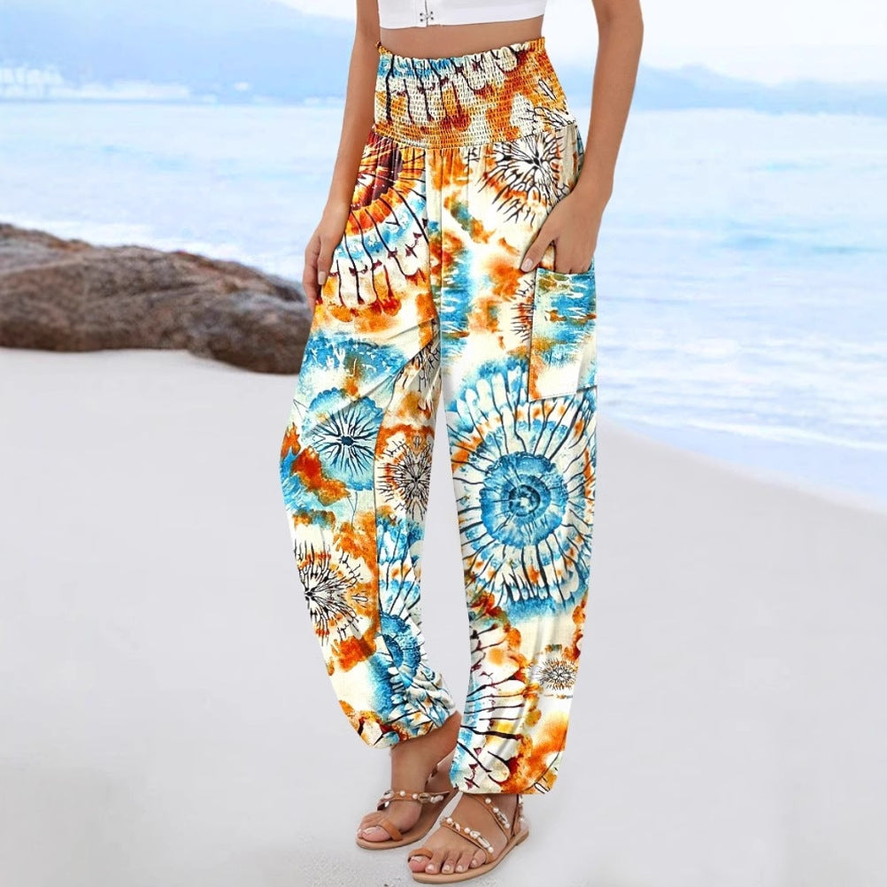 Bohemian Print Harem Pants with Smocked High Waist