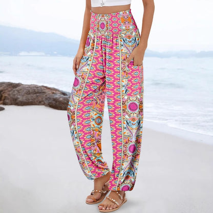 Bohemian Print Harem Pants with Smocked High Waist