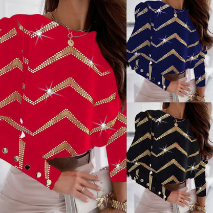 Long-Sleeve Blouse with Gold Chevron Pattern and Embellished Cuffs