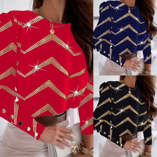 Long-Sleeve Blouse with Gold Chevron Pattern and Embellished Cuffs