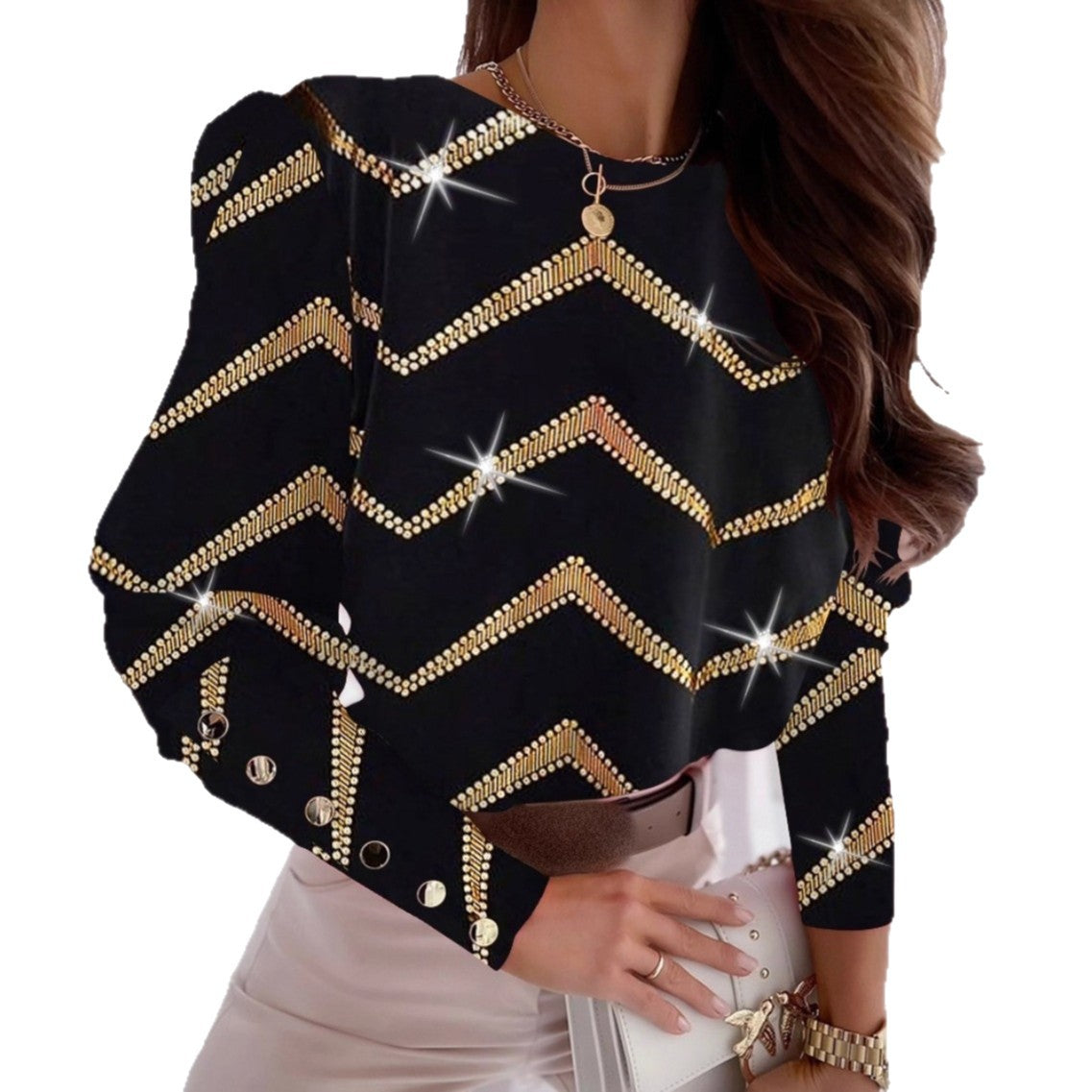 Long-Sleeve Blouse with Gold Chevron Pattern and Embellished Cuffs