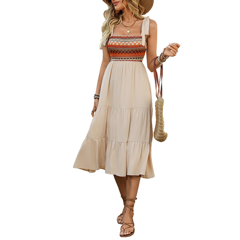 Ethnic Print Tiered Midi Dress with Tie-Shoulder Straps