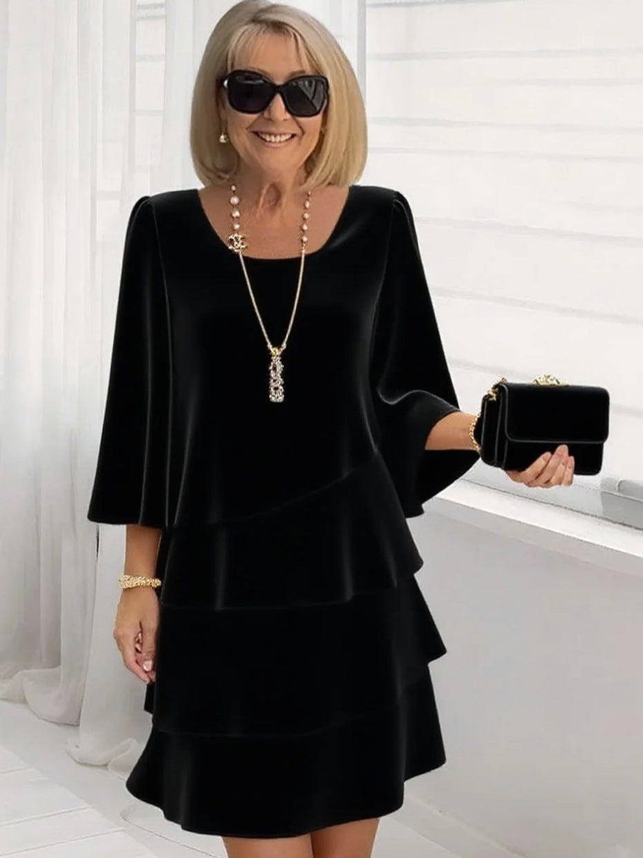 Polyester Cape Sleeve Tiered Midi Dress with Round Neck