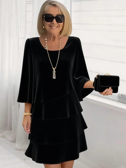 Polyester Cape Sleeve Tiered Midi Dress with Round Neck