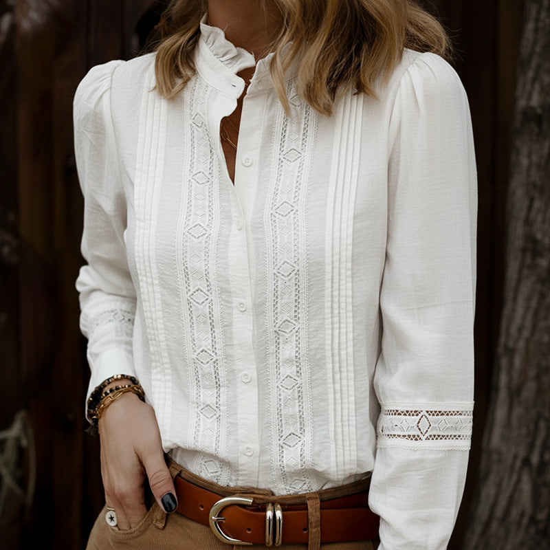 Solid White Blouse with Ruffled Stand Collar and Lace Splicing