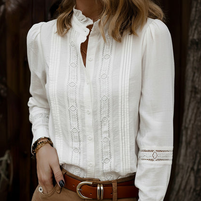 Solid White Blouse with Ruffled Stand Collar and Lace Splicing