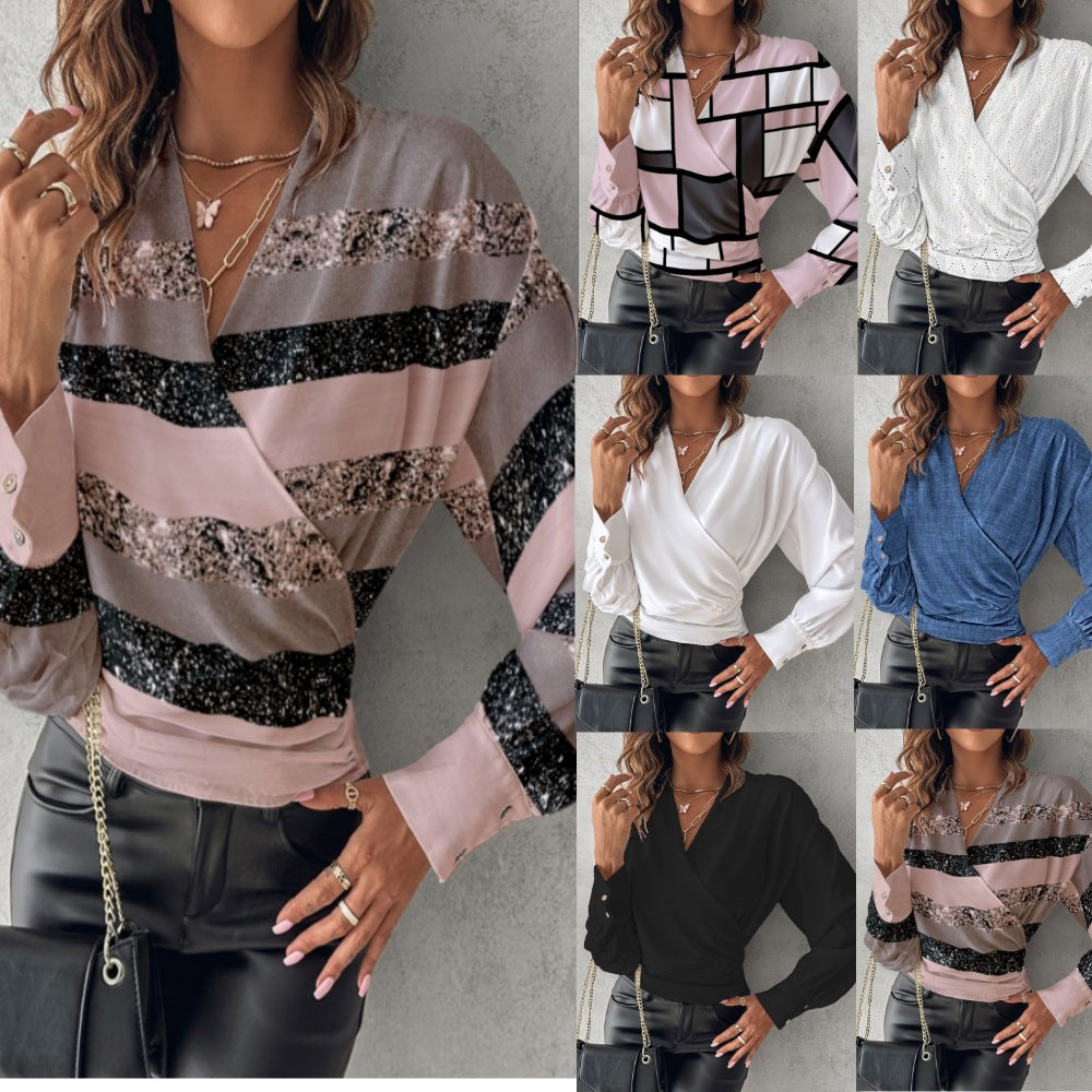 Printed Faux Wrap Blouse with V-Neck and Long Sleeves