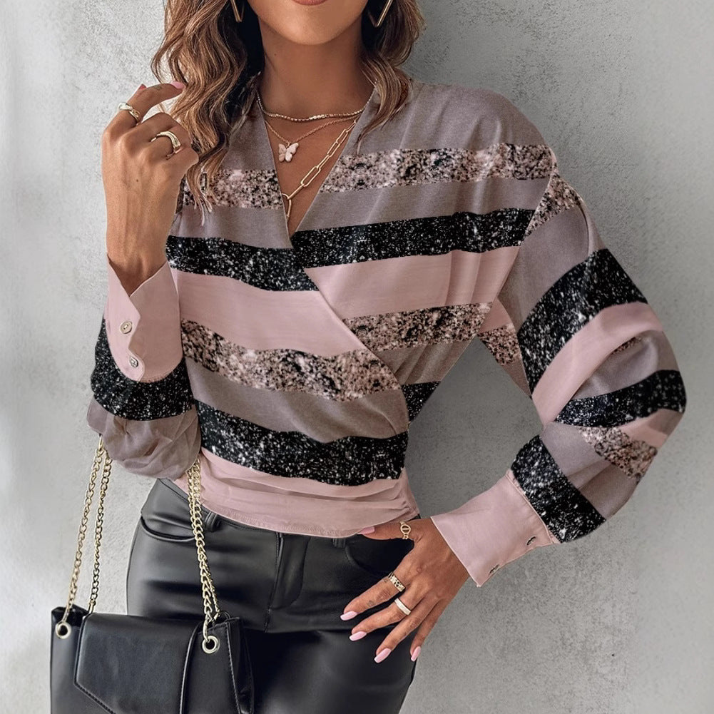 Printed Faux Wrap Blouse with V-Neck and Long Sleeves