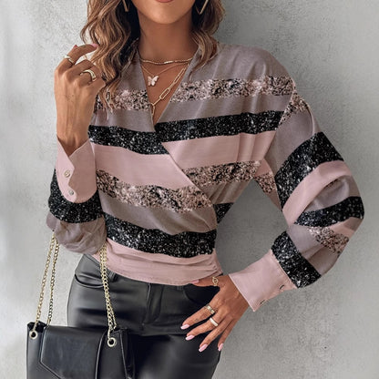 Printed Faux Wrap Blouse with V-Neck and Long Sleeves