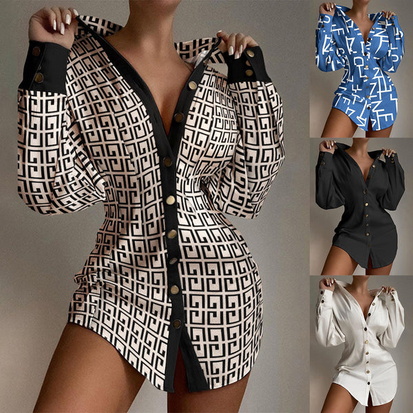 Long Sleeve Button-Down Shirt Dress with V-Neck
