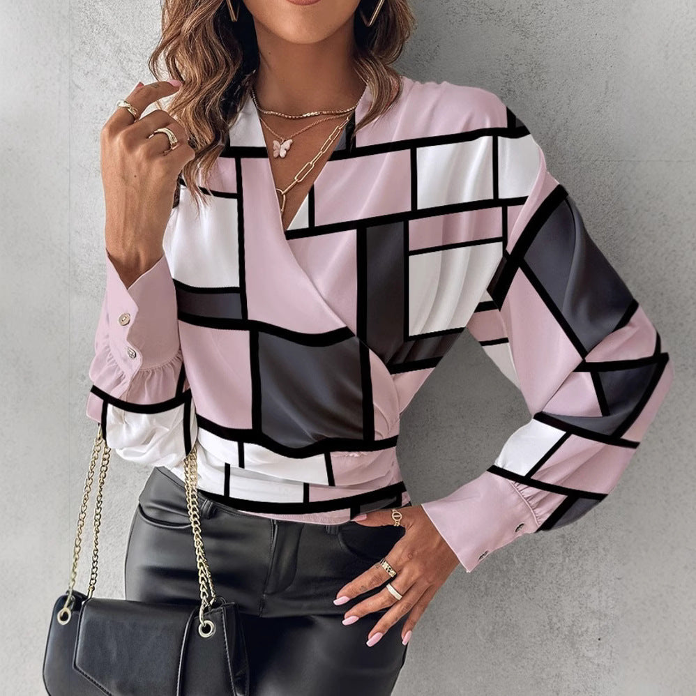 Printed Faux Wrap Blouse with V-Neck and Long Sleeves