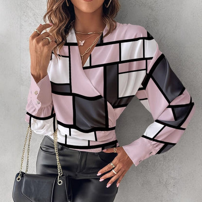 Printed Faux Wrap Blouse with V-Neck and Long Sleeves