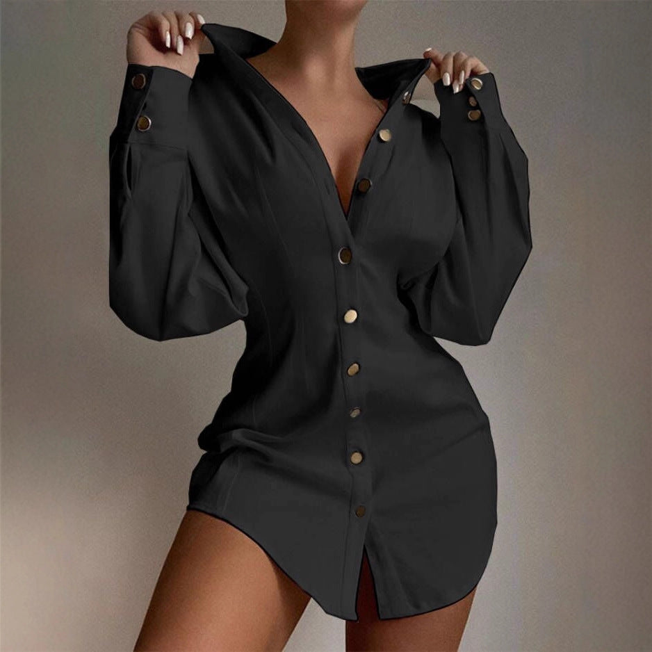 Long Sleeve Button-Down Shirt Dress with V-Neck