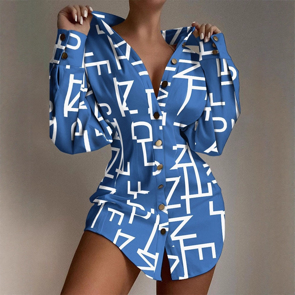Long Sleeve Button-Down Shirt Dress with V-Neck