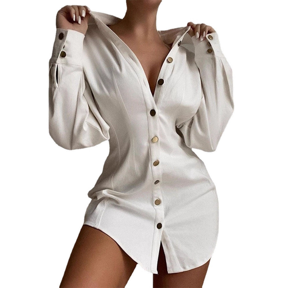 Long Sleeve Button-Down Shirt Dress with V-Neck