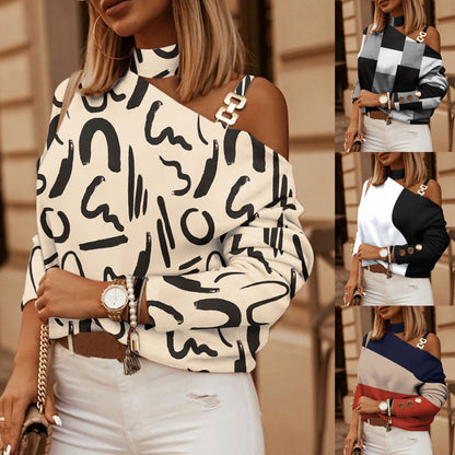 Geometric Print One-Shoulder Top with Choker Halter and Chain Detail