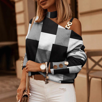 Geometric Print One-Shoulder Top with Choker Halter and Chain Detail