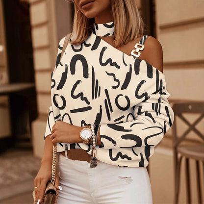 Geometric Print One-Shoulder Top with Choker Halter and Chain Detail