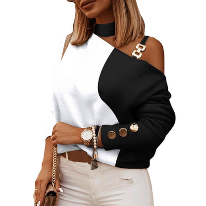 Geometric Print One-Shoulder Top with Choker Halter and Chain Detail