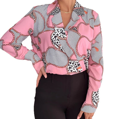Chain Print Pullover Blouse with V-Neck and Long Sleeves