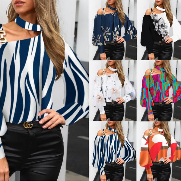Printed Cold Shoulder Blouse with Choker Neck & Buckle
