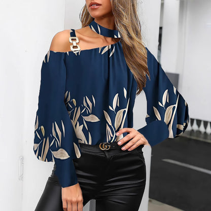 Printed Cold Shoulder Blouse with Choker Neck & Buckle