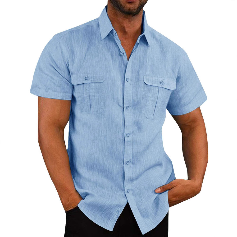Solid Polyester Short Sleeve Button-Up Shirt with Dual Pockets