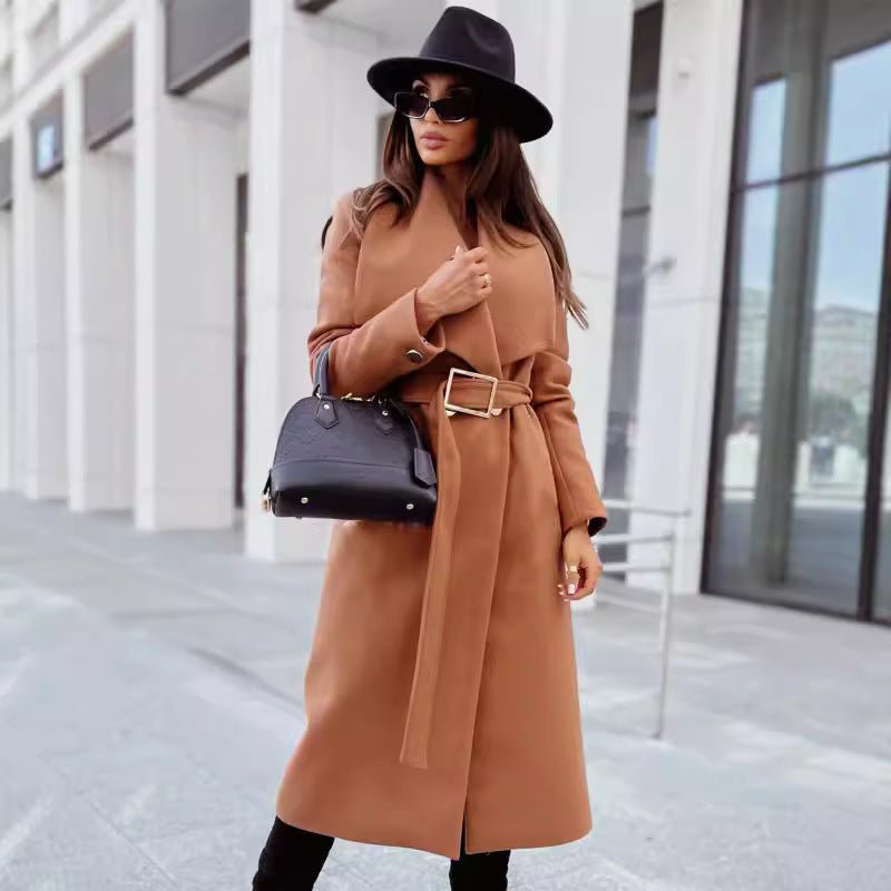 Maxi Wrap Coat with V-Neck and Belted Waist