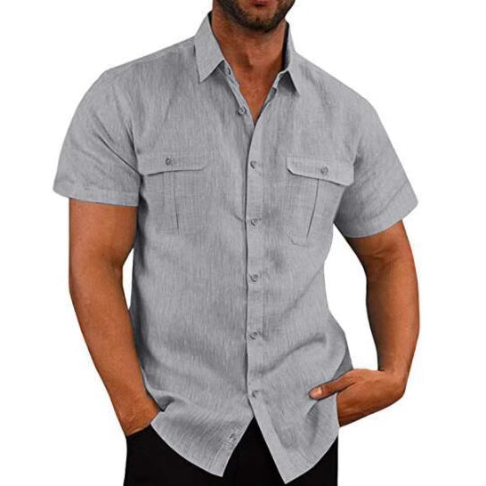 Solid Polyester Short Sleeve Button-Up Shirt with Dual Pockets
