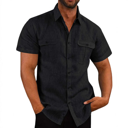 Solid Polyester Short Sleeve Button-Up Shirt with Dual Pockets