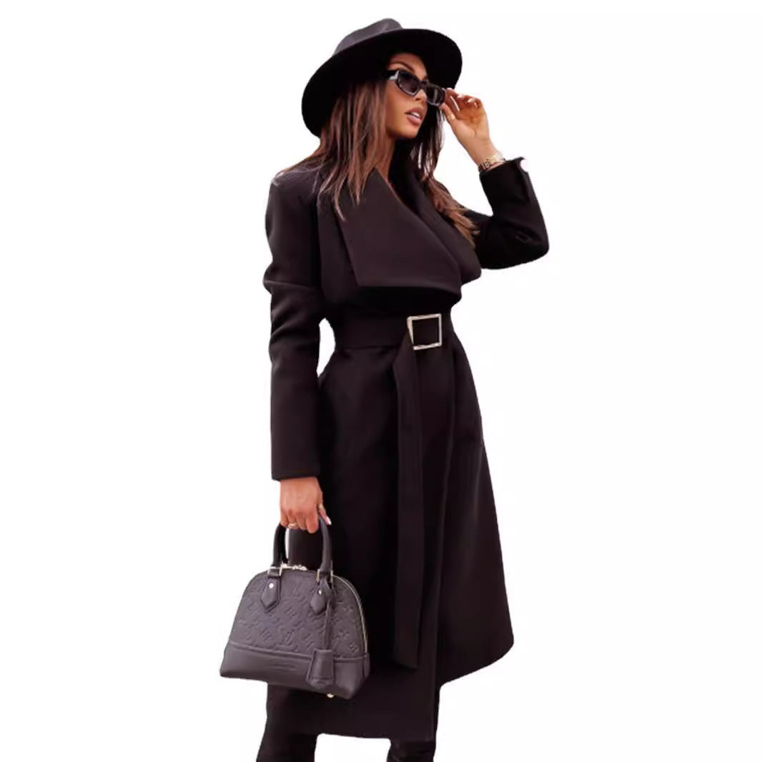 Maxi Wrap Coat with V-Neck and Belted Waist