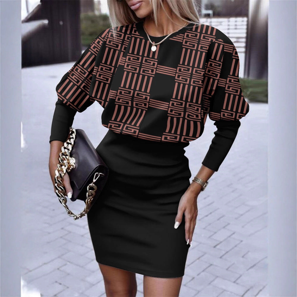Geometric Print Dolman Sleeve Dress with Bodycon Skirt