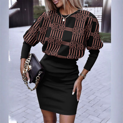 Geometric Print Dolman Sleeve Dress with Bodycon Skirt