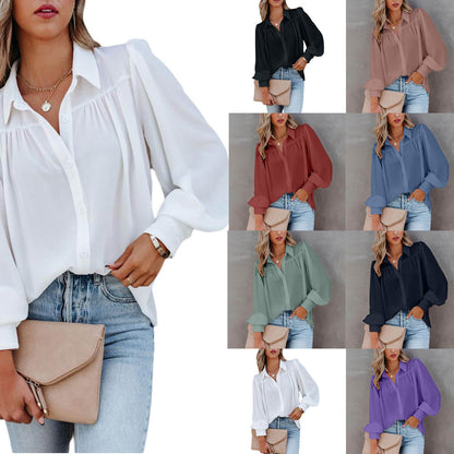 Solid Button-Down Blouse with Pleated Yoke and Lantern Sleeves