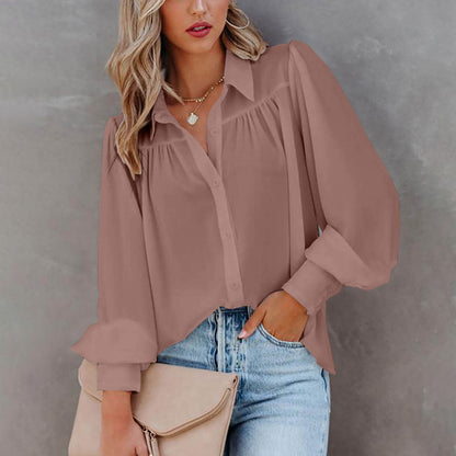 Solid Button-Down Blouse with Pleated Yoke and Lantern Sleeves