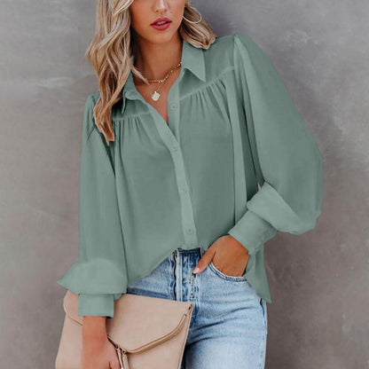 Solid Button-Down Blouse with Pleated Yoke and Lantern Sleeves
