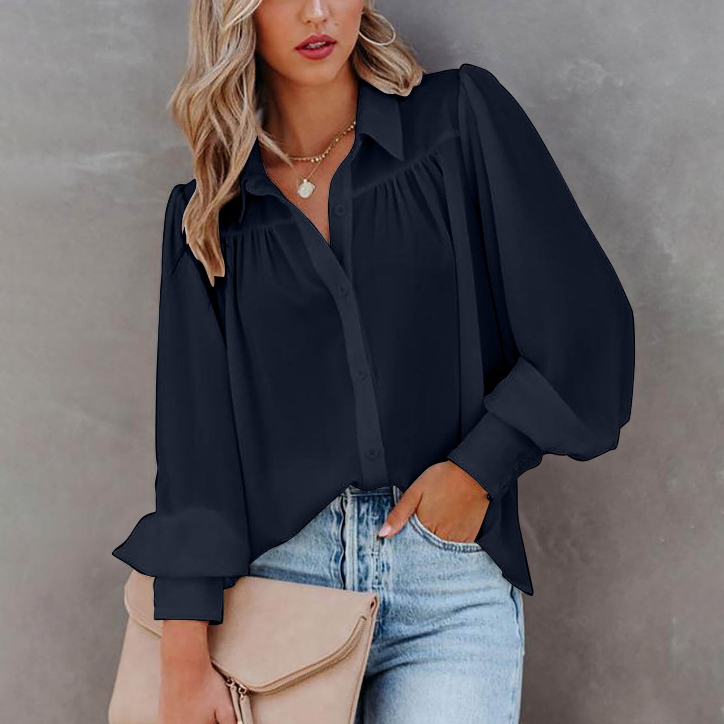 Solid Button-Down Blouse with Pleated Yoke and Lantern Sleeves