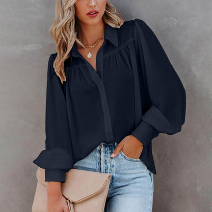 Solid Button-Down Blouse with Pleated Yoke and Lantern Sleeves