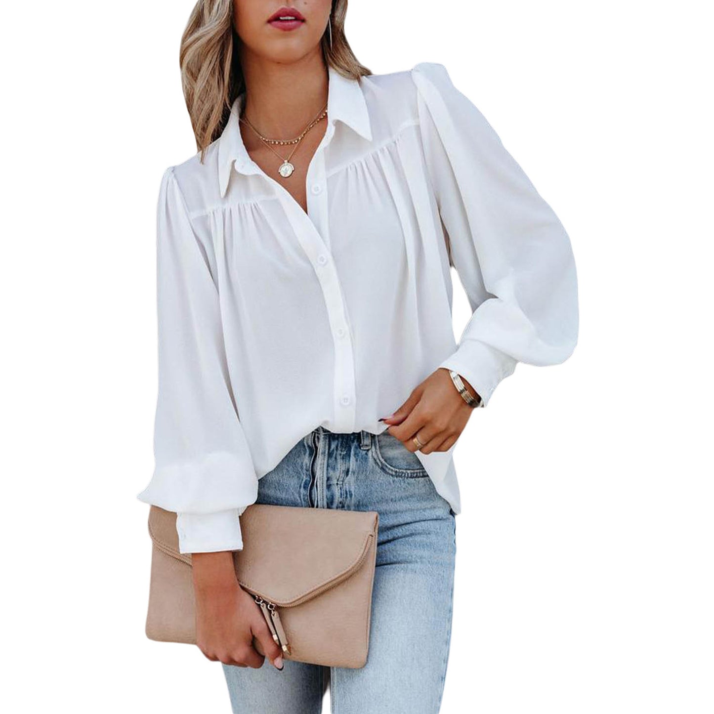 Solid Button-Down Blouse with Pleated Yoke and Lantern Sleeves