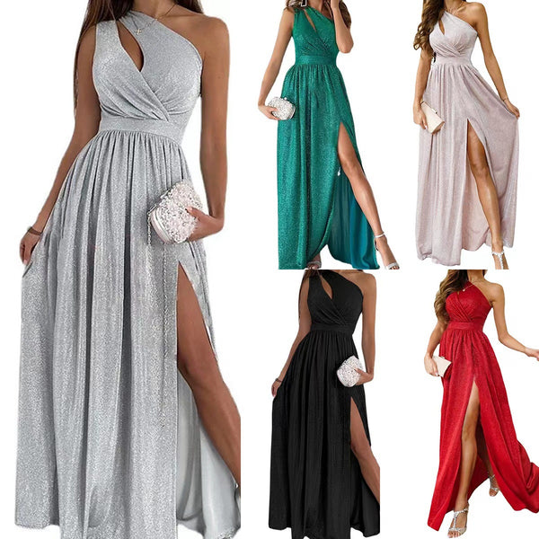 Glitter A-Line Maxi Dress with One-Shoulder Neck and Slit