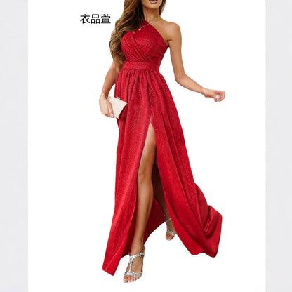 Glitter A-Line Maxi Dress with One-Shoulder Neck and Slit