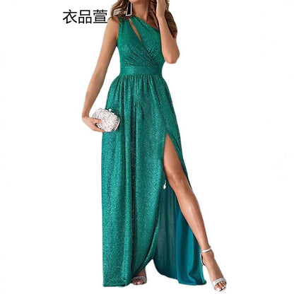 Glitter A-Line Maxi Dress with One-Shoulder Neck and Slit