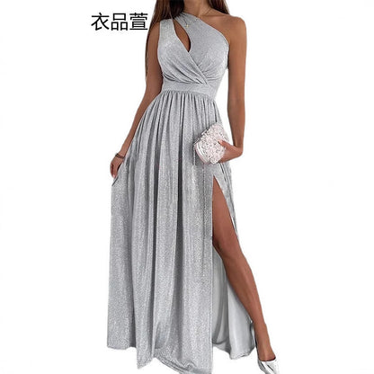 Glitter A-Line Maxi Dress with One-Shoulder Neck and Slit