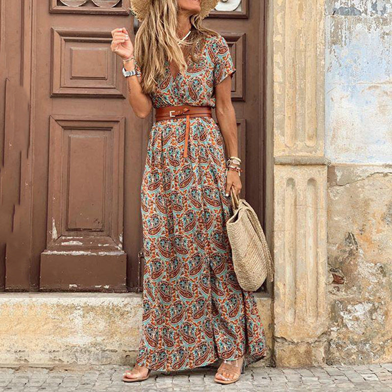 Floral Print Maxi Dress with V-Neck and Belt